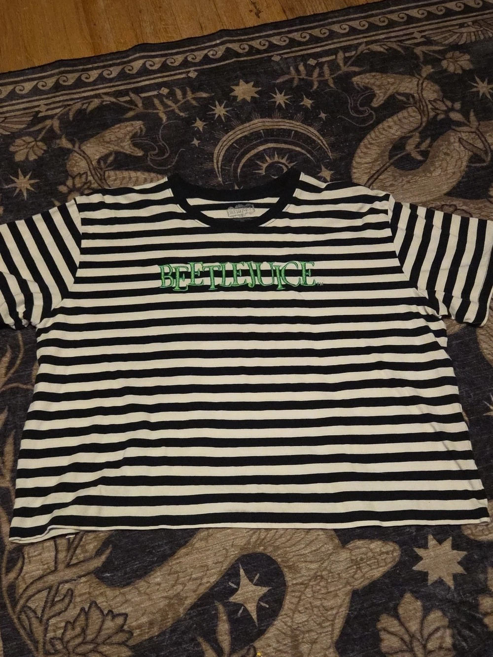Beetlejuice Black and White Striped Embroidered T-Shirt XL